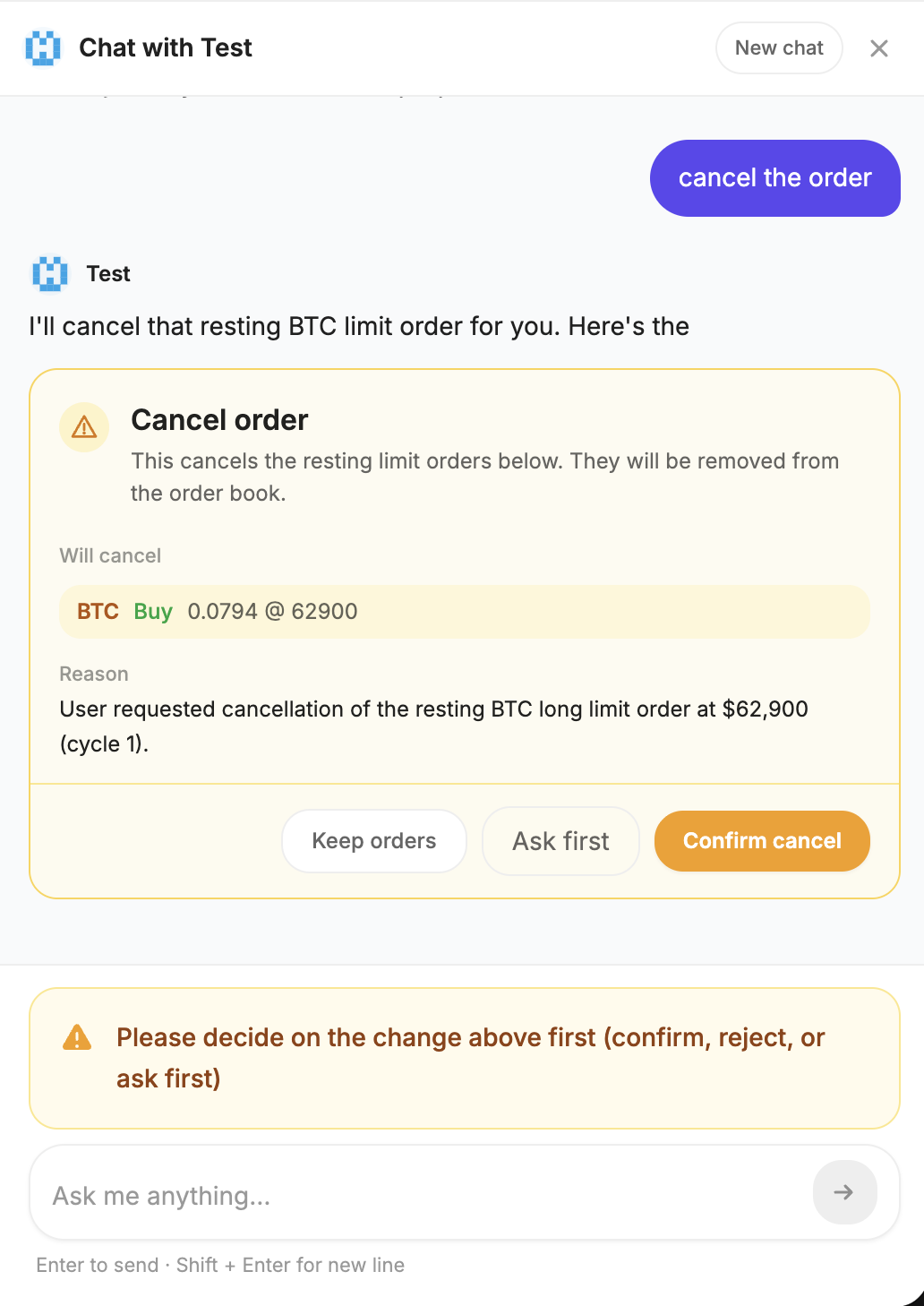 The confirmation card before cancelling an order: which order, and why