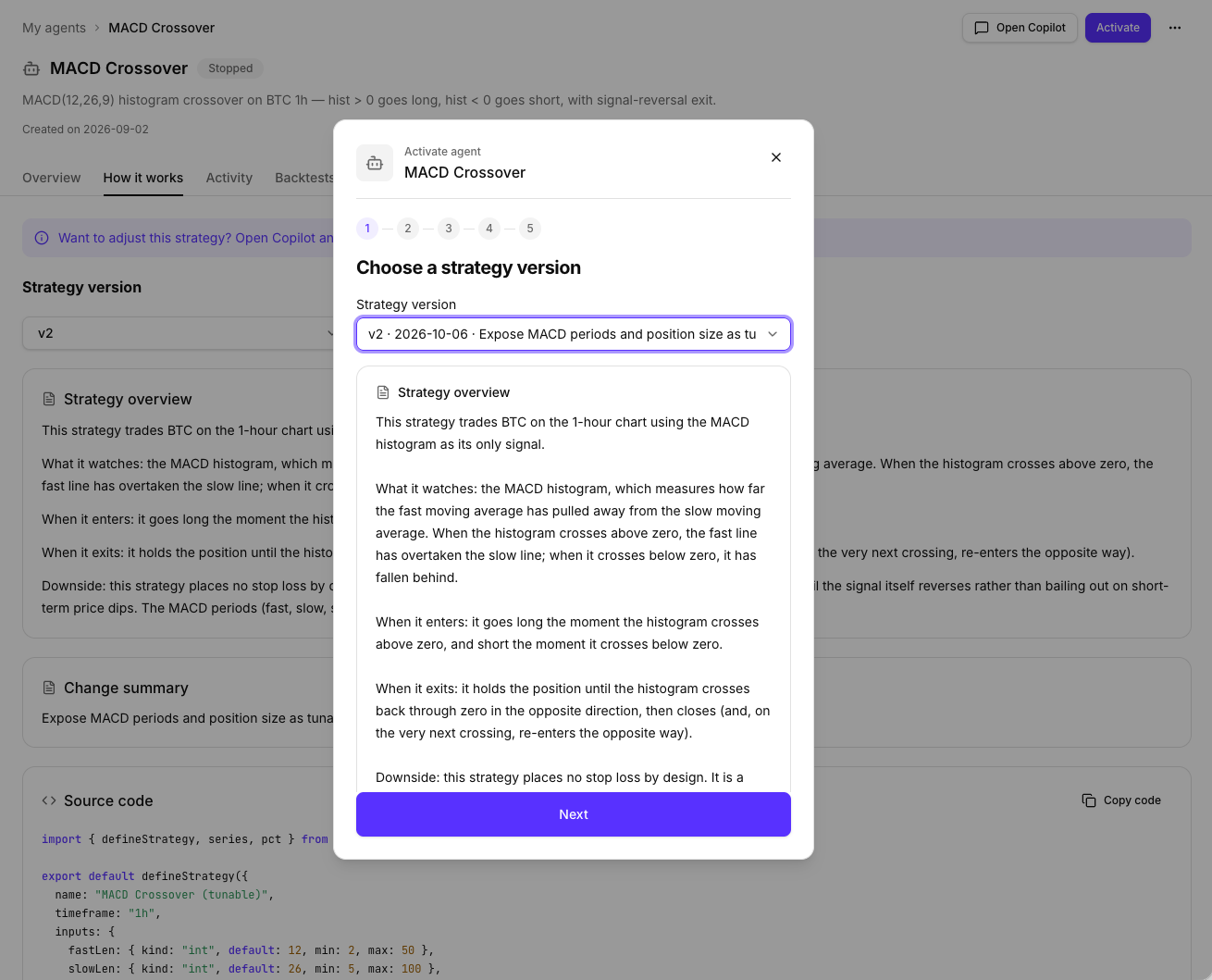 Activation step one: pick a strategy version, with that version's strategy overview alongside