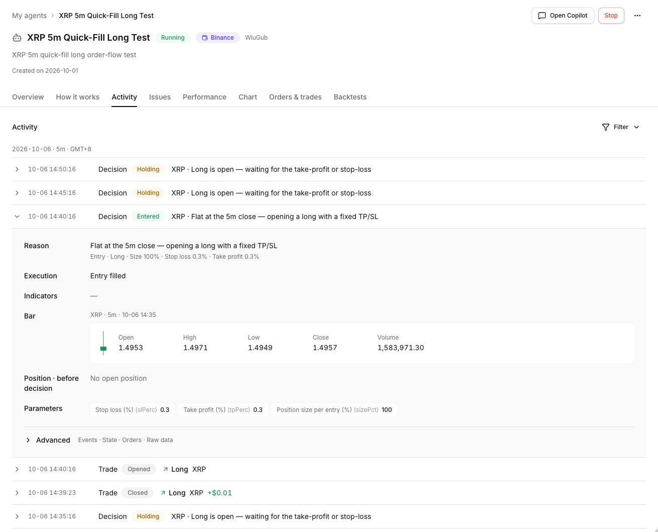 Activity: one entry decision expanded — reason, execution result, the bar, position before the decision, live parameters