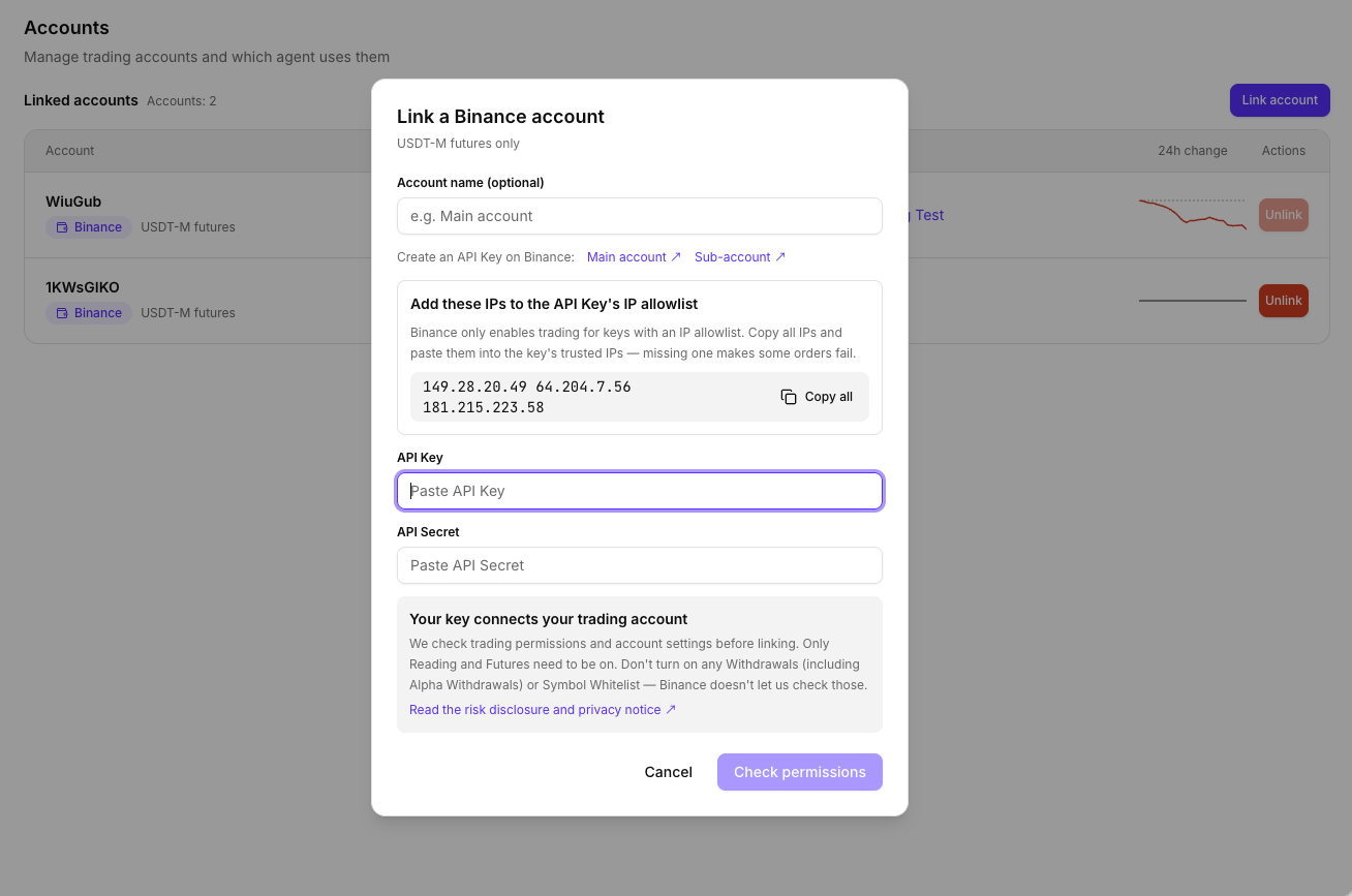 Binding a Binance account: copy the egress IP allowlist in one click, then permissions are checked before linking