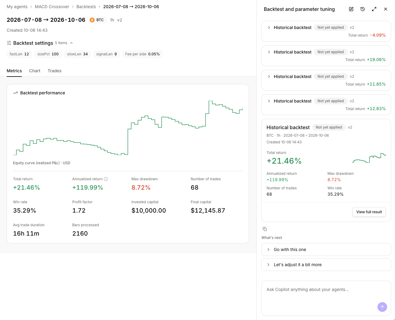 Backtest page with Copilot parameter tuning: several backtests of the same strategy side by side, pick one to apply or adjust further